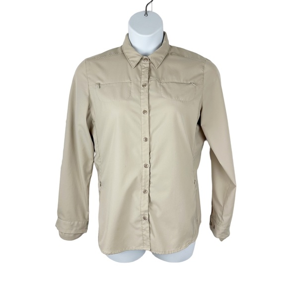 REI Tops - REI Women’s Co-op Solid Khaki Convertible Long-Sleeve Button Down Shirt